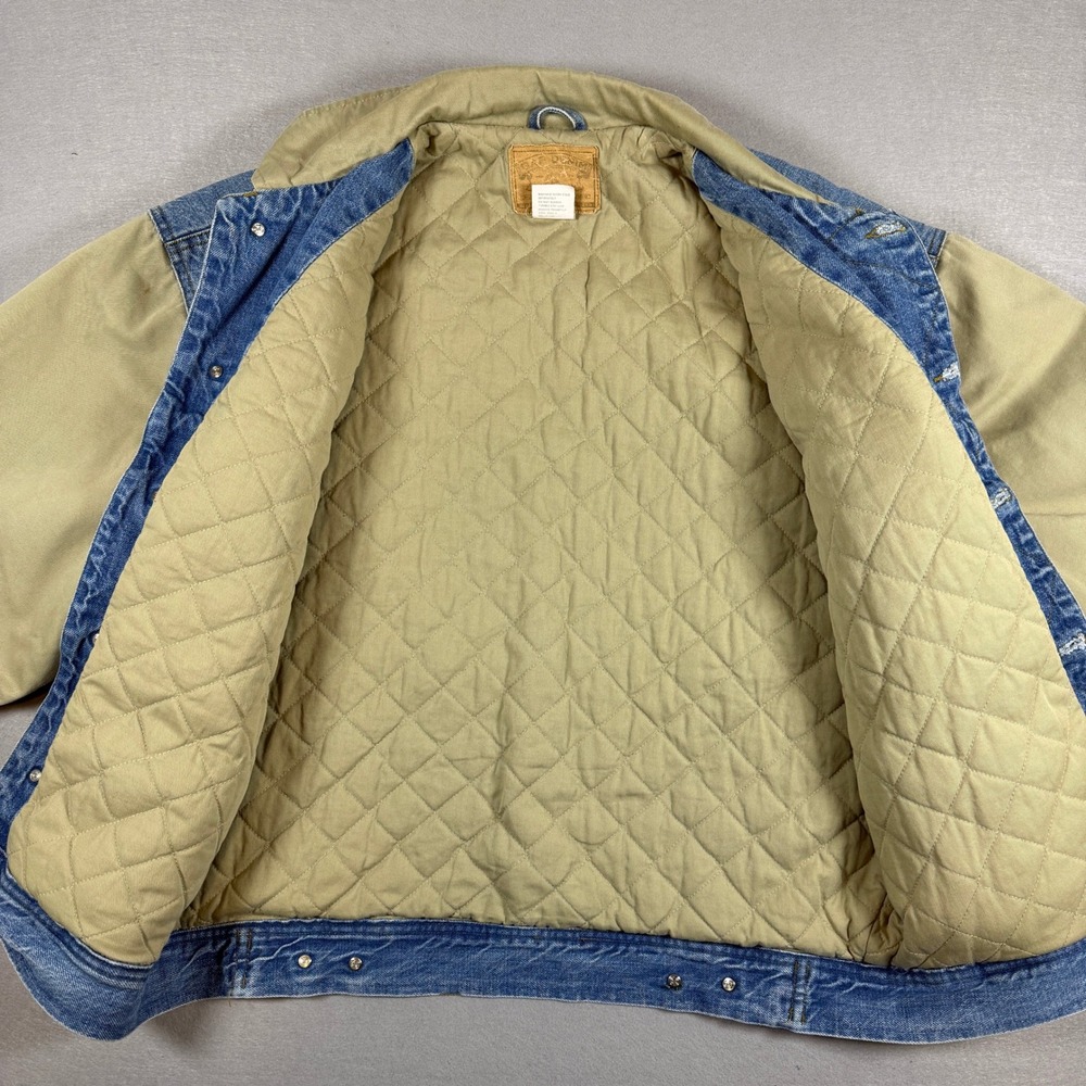 Vintage 90s GAP Denim Jacket Mens L Blue Tan Quilted Lined Two Tone Sleeve Y2K - Picture 3 of 9